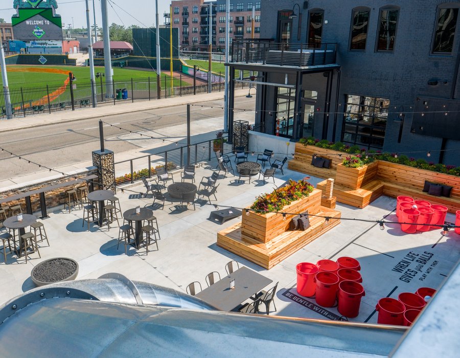 Rooftop bar and deck with custom wood planter boxes and bar millwork by Robertson Cabinets Dayton Ohio