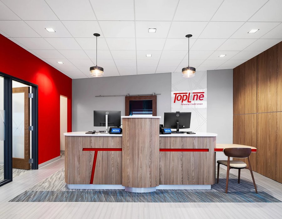 Bank teller line overview custom casework by Robertson Cabinets West Milton Ohio