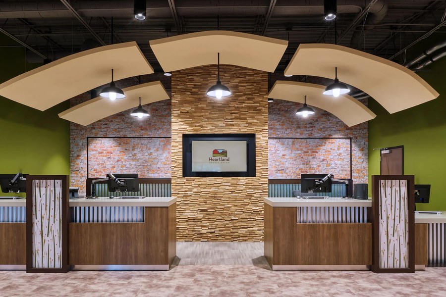 Heartland Credit Union full lobby with arched ceiling and custom teller line by Robertson Cabinets
