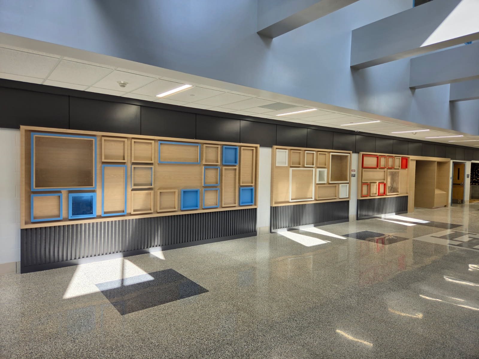 Laminate corridor display casework at Lakeland High School, Indiana, by Robertson Cabinets