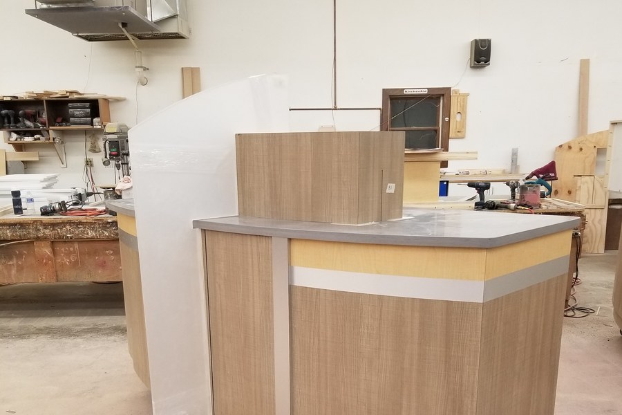 Custom teller casework being built in Robertson Cabinets shop West Milton Ohio